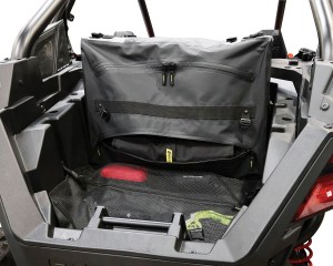 Photo of SE-4000 Hurricane Waterproof UTV Cargo Bag in Bed of Polaris RZR with flap open